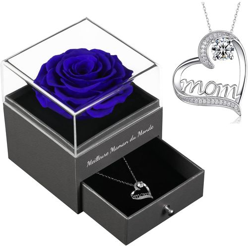 Cadeau Fete Des Meres, Femme Boîte Rose Eternelle Avec Collier, Rose Préservée Fleur Cadeau Maman, Rose Stabilisée Rouge, Meilleure Maman De Tous Les Temps, Cadeau Anniversaire Maman/Mamie