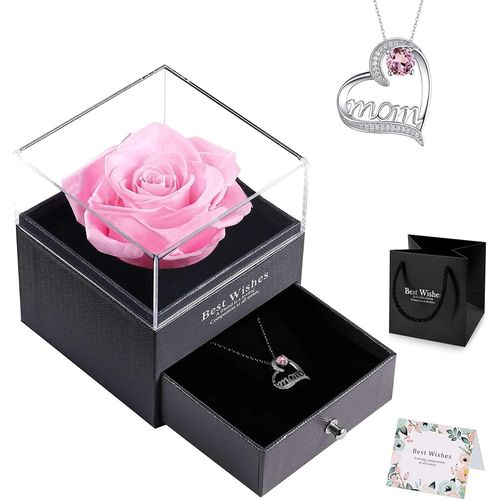 Rose Éternelle Idee Cadeau Noël Maman Femme Rose Avec Collier Cadeau Fete Des Meres Rose Eternelle Sous Cloche Cadeau Cadeau Anniversaire Maman Original Cadeaux Pour Maman Grand-Mère