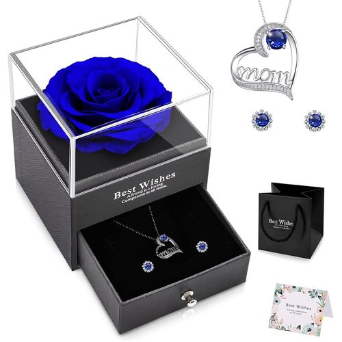 Rose Éternelle Idee Cadeau Noël Maman Femme Bleu Avec Collier Cadeau Fete Des Meres Rose Eternelle Sous Cloche Cadeau Cadeau Anniversaire Maman Original Cadeaux Pour Maman Grand-Mère