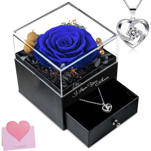 Rose Réelle Éternelle Avec Collier, Cadeau Pour Les Femmes, Anniversaire, Boîte De Roses Infinity En Fleurs, Boîte Cadeau De Bijoux, Cadeaux Pour Maman, Amie, Épouse, Grand-Mère, Bleu