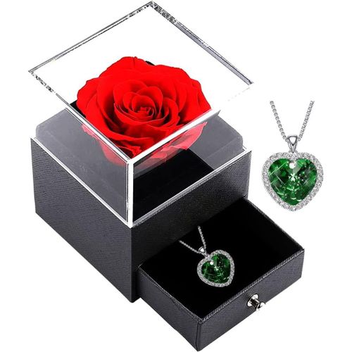 Rose Eternelle Avec Collier, Préservée Fleur Boîte À Bijoux, Bijoux Cadeau Pour Femme Anniversaire/Cadeau De Noël/Cadeau Saint Valentin (Silver-Green)