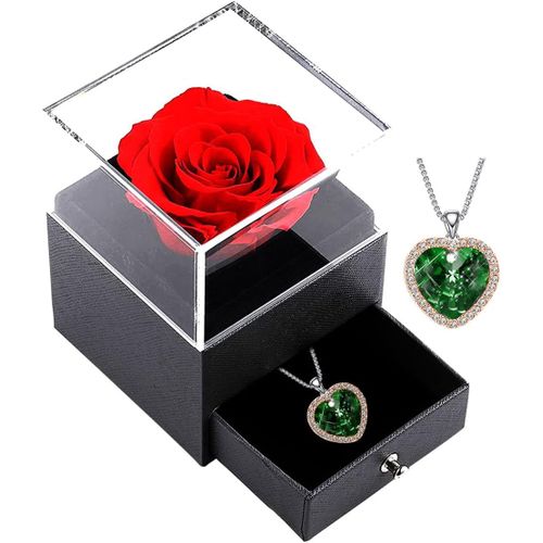 Rose Eternelle Avec Collier, Préservée Fleur Boîte À Bijoux, Fête Des Grands-Mères/Bijoux Cadeau Pour Femme Anniversaire/Cadeau De Noël/Cadeau Saint Valentin (Gold-Green)