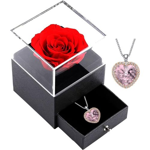 Rose Eternelle Avec Collier, Préservée Fleur Boîte À Bijoux, Bijoux Cadeau Pour Femme Anniversaire/Cadeau De Noël/Cadeau Saint Valentin (Gold-Pink)