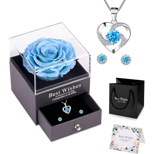 Rose Éternelle Idee Cadeaux Noël Femme Avec Boucles D'oreilles Et Collier Bleu Préservée Real Rose Eternelle À La Main Pour Noël La Saint-Valentin