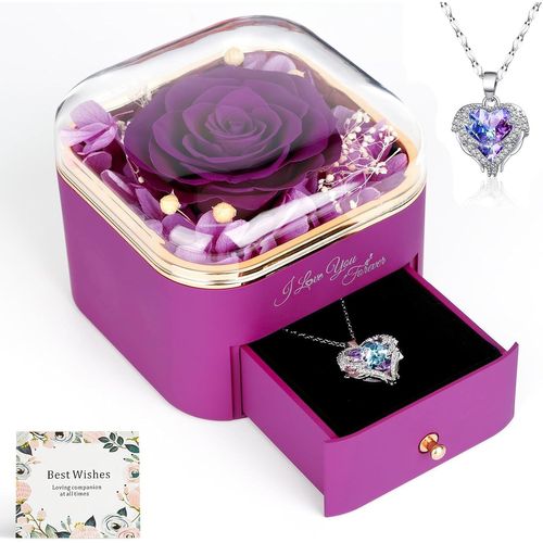 Rose Eternelle Avec Collier C?ur Cristal Femme, Original Collier Femme Boîte De Roses, Coeur Avec Rose Conservée ,Rose Stabilisée Rouge, Cadeau Pour Elle La Noël,La Saint-Valentin Anniversaire