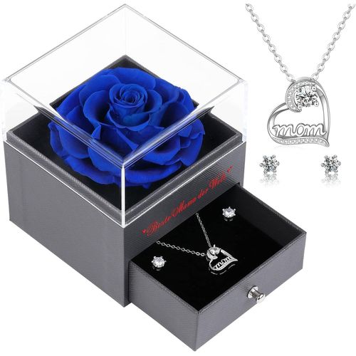 Véritable Rose Préservée Avec Collier Et Boucles D'oreilles « Beste Mama Der Welt » - Rose Éternelle - Cadeau Pour Maman, Noël, Fête Des Mères, Saint-Valentin, Anniversaire - Bleu Foncé