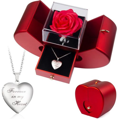 Rose Eternelle Avec Bijoux Idee Cadeau Femme Anniversaire Coffret Rose Éternelle Naturelle Amie Forever In My Heart Collier Photo Personnalisé Cadeau Original Fleur Eternelle Pomme Boite Fete Des