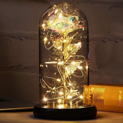 Cadeau Anniversaire Femme Rose Eternelle sous Cloche Coffret Cadeau Femme La Belle et la Bête Rose Dôme en Verre avec Lumières LED Idee Cadeau Maman Noel Mamie Amie Saint Valentin Mariage Rose Galaxy