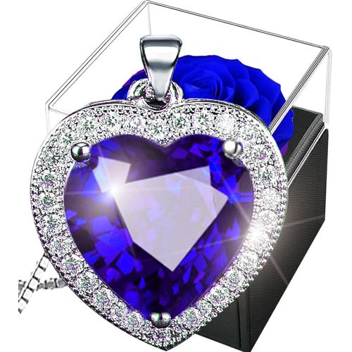 Rose Éternelle Avec Saphir Collier,Rose Conservée Avec Bijoux Argent 925,Fleurs Préservées Coeur Cristal,Boîte De Roses For Saint-Valentin Noël Anniversaire Rose Stabilisée Birthstone Pendentif Bleu