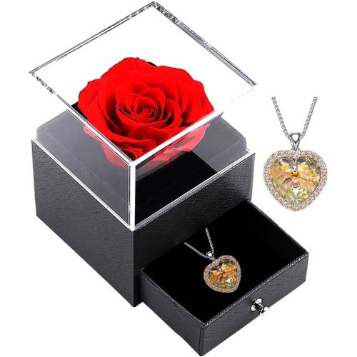 Rose Eternelle Avec Collier, Préservée Fleur Boîte À Bijoux, Fête Des Grands-Mères/Bijoux Cadeau Pour Femme Anniversaire/Cadeau De Noël/Cadeau Saint Valentin (Gold-Yellow)