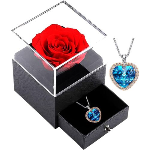 Rose Eternelle Avec Collier, Préservée Fleur Boîte À Bijoux, Bijoux Cadeau Pour Femme Anniversaire/Cadeau De Noël/Cadeau Saint Valentin (Gold-Blue)