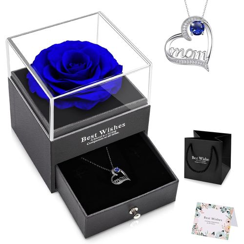 Rose Éternelle Bleu Idee Cadeau Noël Maman Femme Avec Collier Cadeau Fete Des Meres Rose Eternelle Sous Cloche Cadeau Cadeau Anniversaire Maman Original Cadeaux Pour Maman Grand-Mère