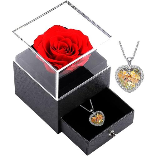 Rose Eternelle Avec Collier, Préservée Fleur Boîte À Bijoux, Bijoux Cadeau Pour Femme Anniversaire/Cadeau De Noël/Cadeau Saint Valentin (Silver-Yellow)