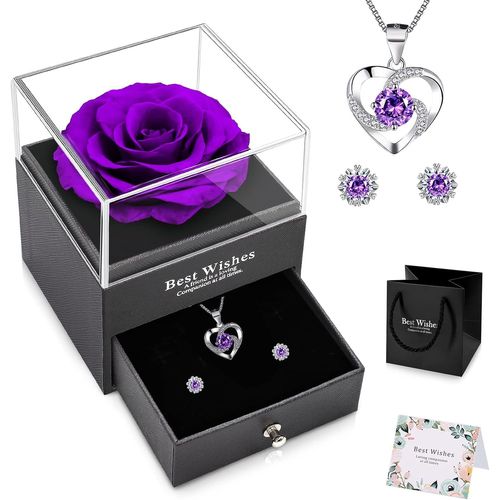 Rose Éternelle Idee Cadeaux Noël Femme Avec Collier Violet Préservée Real Rose Eternelle À La Main Pour Maman Couple Noël La Saint-Valentin, La Fête Des Mères