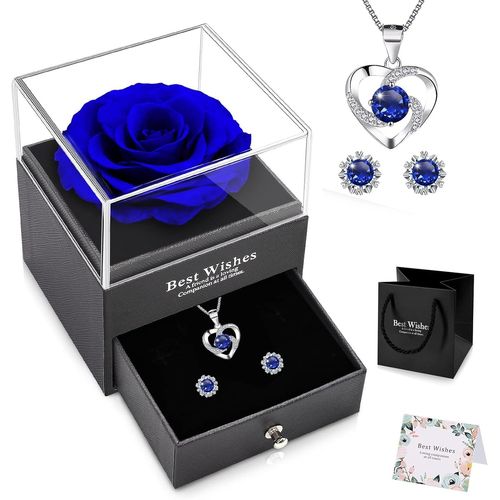 Rose Éternelle Idee Cadeaux Noël Femme Avec Boucles D'oreilles Et Collier Bleu Préservée Real Rose Eternelle À La Main Pour Noël La Saint-Valentin, La Fête Des Mères