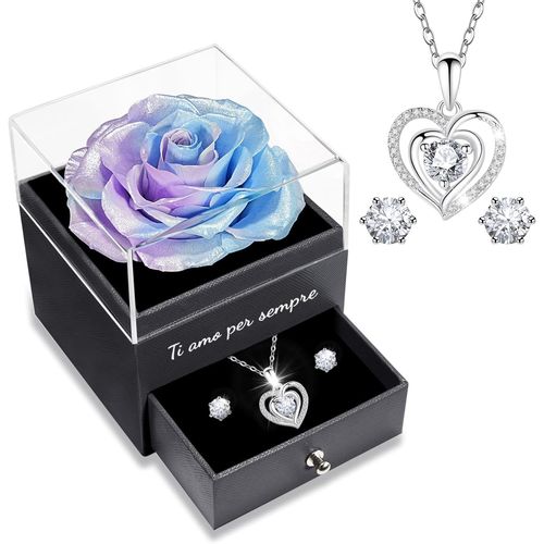 Rose Eternelle Avec Parure De Bijoux Brillante, Cadeau Anniversaire Femme,\U201cje T'aime Pour Toujours""En Italien Imprimé Sur La Boîte, Cadeaux De Saint-Valentin Pour Elle,Vraie Rose