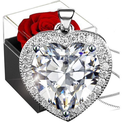 Rose Eternelle Avec Blanc Birthstone Collier,Fleurs Préservées Avec Bijoux Argent 925,Rose Conservée Birthstone Coeur Collier Rose Stabilisée,Rouge Pierre Naissance Pendentif Fête Des Valentine Noël