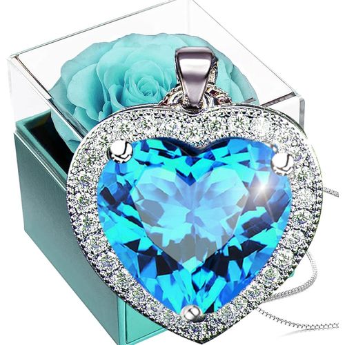 Rose Eternelle Avec Collier,Fleurs Préservées Avec Bijoux Argent 925,Rose Conservée Birthstone Coeur Collier, Rose Stabilisée Pierre Naissance Pendentif Fête Des Mères Valentin Noël Bleu-Clair