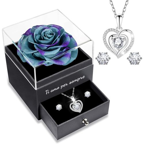Rose Eternelle Avec Parure De Bijoux Brillante, Cadeau Anniversaire Femme,\U201cje T'aime Pour Toujours""En Italien Imprimé Sur La Boîte, Cadeaux De Saint-Valentin Pour Elle,Vraie Rose