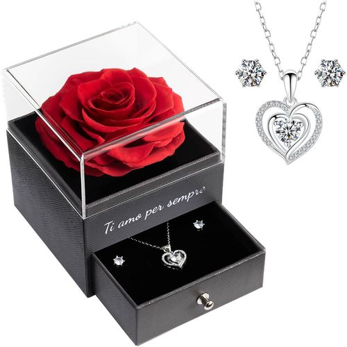 Rose Eternelle Avec Parure De Bijoux Brillante, Cadeau Anniversaire Femme,\U201cje T'aime Pour Toujours""En Italien Imprimé Sur La Boîte, Cadeaux De Saint-Valentin Pour Elle,Vraie Rose Rouge