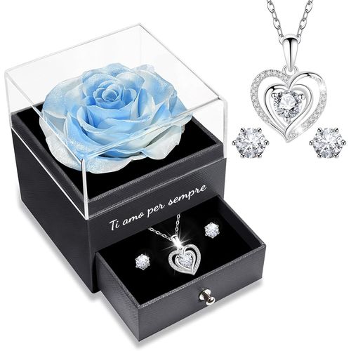 Rose Eternelle Avec Parure De Bijoux Brillante, Cadeau Anniversaire Femme,\U201cje T'aime Pour Toujours""En Italien Imprimé Sur La Boîte, Cadeaux De Saint-Valentin Pour Elle,Vraie Rose