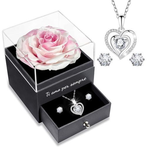 Rose Eternelle Avec Parure De Bijoux Brillante, Cadeau Anniversaire Femme,\U201cje T'aime Pour Toujours""En Italien Imprimé Sur La Boîte, Cadeaux De Saint-Valentin Pour Elle,Vraie Rose