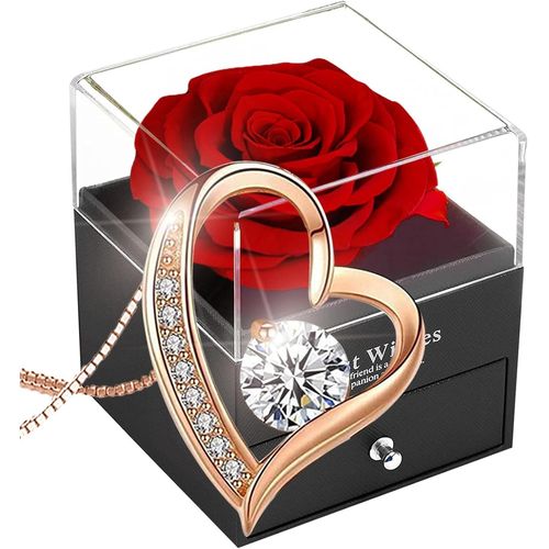 Coffret Cadeau Rose Rouge Éternelle Avec Collier - Véritable Rose Éternelle Avec Collier Pour Femme En Argent Sterling 925 À L'intérieur, Cadeau De Noël Et De Saint-Valentin.
