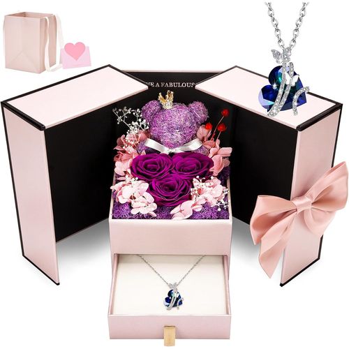 Collier Rose Préservée Avec C?ur, Fleurs Éternelles, Cadeau Pour Elle, Femme, Maman, Épouse, Petite Amie, Pour La Saint-Valentin, La Fête Des Mères, Un Anniversaire De Mariage