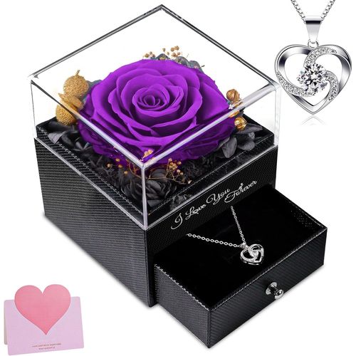 Rose Réelle Éternelle Avec Collier, Cadeau Pour Les Femmes, Anniversaire, Boîte De Roses Infinity En Fleurs, Boîte Cadeau De Bijoux, Cadeaux Pour Maman, Amie, Épouse, Grand-Mère, Violet