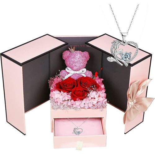 Cadeau Femme Rose Éternelle Fleurs Ours Boite, Roses Préservées Avec Collier, Ours En Rose Coffret Cadeaux Pour La Fete Des Meres Anniversaire Mariage Saint-Valentin