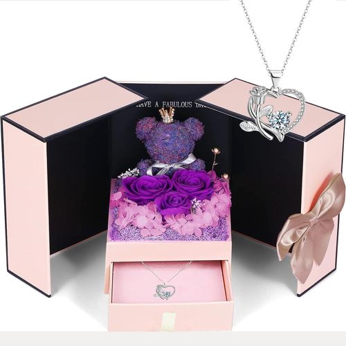 Cadeau Femme Rose Éternelle Fleurs Ours Boite, Roses Préservées Avec Collier, Ours En Rose Coffret Cadeaux Pour La Fete Des Meres Anniversaire Mariage Saint-Valentin