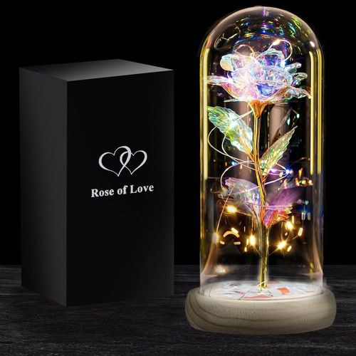 Rose Eternelle Lumineuse | Cadeau Romantique pour Femme | Fleur Artificielle Belle et la Bête | avec LED et Cloche en Verre | Coffret Inclus | Cadeaux St Valentin, Fête des Mères | OriginalCorner®