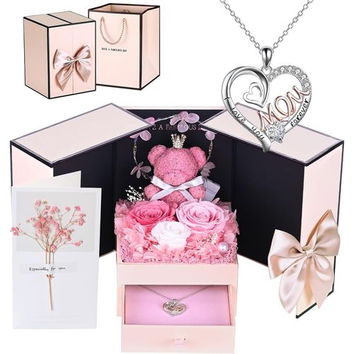 Cadeau Femme Anniversaire Rose Éternelle De Fête Idée Maman Mères Ours Boîte Rose Collier Fleur Coffret Carte Respiration De Grand-Mère Fille Couple Noël (Rose)