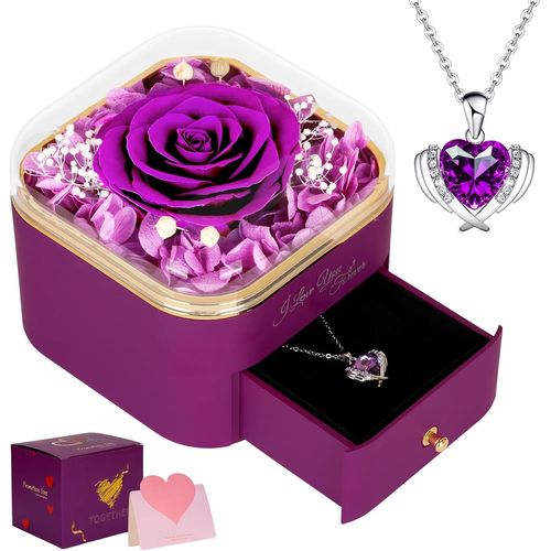 Rose Éternelle, Cadeau De Saint-Valentin Boite Cadeau Avec Fleurs Artificielles Collier D'amour Ailes D'ange Gardien Cadeau Pour Elle Maman S?ur Épouse Violet