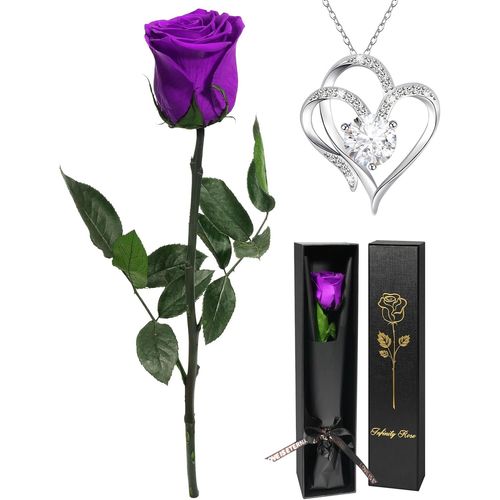 Rose Eternelle Avec Collier Cadeau Femme Noel,Vraie Rose Avec Tige Cadeau Maman Noel, Fleur Préservée En Coffret Cadeau Anniversaire Femme Fleur Eternelle Noel Cadeau Saint-Valentin Femme