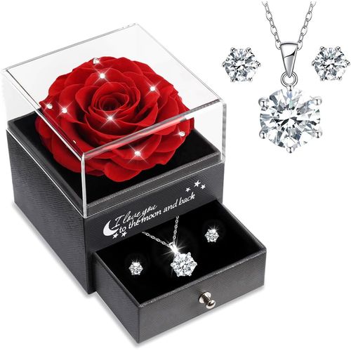 Cadeau Fete Des Meres, Rose Eternelle Avec Argent 925 Collier Et Boucles D'oreilles, Préservée Vraie Rose Avec Bijoux Elégants, Cadeau Fête Des Mères Pour Maman, Cadeau Anniversaire Femme