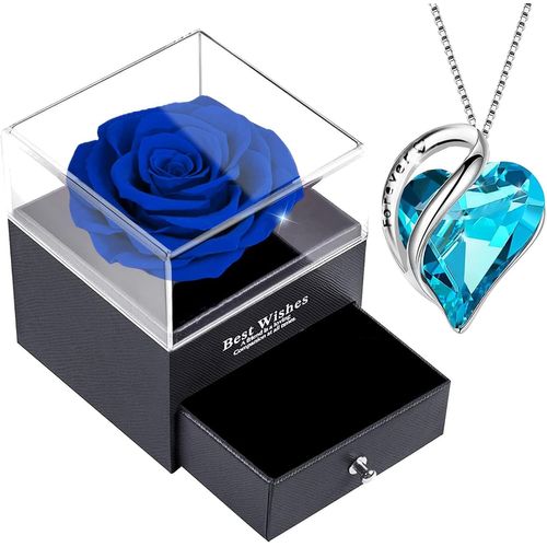 Rose Eternelle Avec Collier C?ur Cristal Femme,Pendentif Saphir Argent Avec Rose Conservée,Rose Stabilisée Bleu,Préservée Fleur,Cadeau Pour Elle La Noël,La Saint-Valentin,Fête Des Mères,Anniversaire