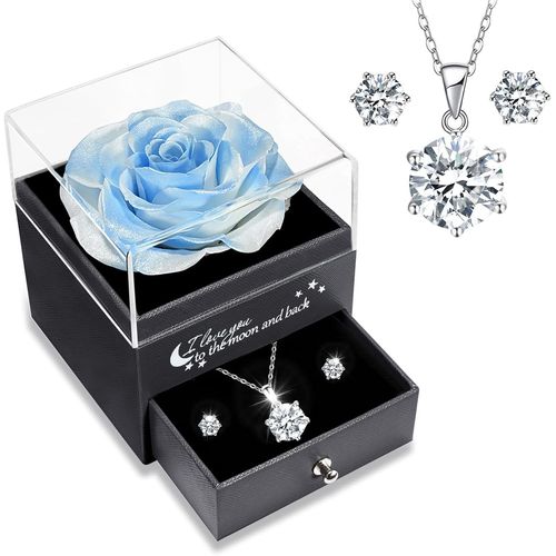 Cadeau Fete Des Meres, Rose Eternelle Avec Argent 925 Collier Et Boucles D'oreilles, Préservée Vraie Rose Avec Bijoux Elégants, Cadeau Fête Des Mères Pour Maman, Cadeau Anniversaire Femme