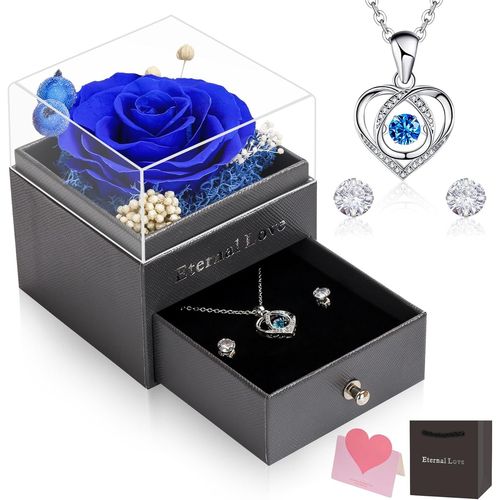 Rose Éternelle, Cadeau De Fête Des Mères Pour Elle Collier Boucles D'oreilles Roses Préservées À La Main Coffret Cadeau Pour Manquer Maman S?ur Épouse Fête Des Mères Bleu
