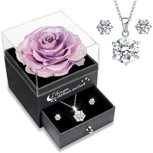 Cadeau Fete Des Meres, Rose Eternelle Avec Argent 925 Collier Et Boucles D'oreilles, Préservée Vraie Rose Avec Bijoux Elégants, Cadeau Fête Des Mères Pour Maman, Cadeau Anniversaire Femme