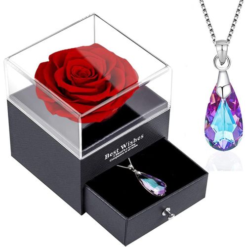 Rose Eternelle Avec Bijoux Argent 925,Collier Femme Cristal Boîte De Roses,Roses Conservées Stabilisée Rouge,Cadeau Pour Elle La Noël,La Saint-Valentin,Fête Des Mères