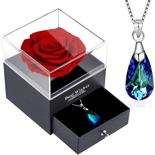 Rose Eternelle Avec Bijoux Argent 925,Collier Femme Cristal Boîte De Roses,Roses Conservées Stabilisée Rouge,Cadeau Pour Elle La Noël,La Saint-Valentin,Fête Des Mères