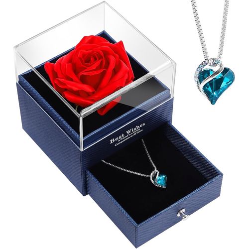 Collier Coeur De Cristal Rose Rouge, Rose Éternelle Cadeau D'anniversaire Pour Femme Femme Petite Amie Grand - Mère Saint Valentin Fête Des Mères Noël Anniversaire De Mariage - Bleu