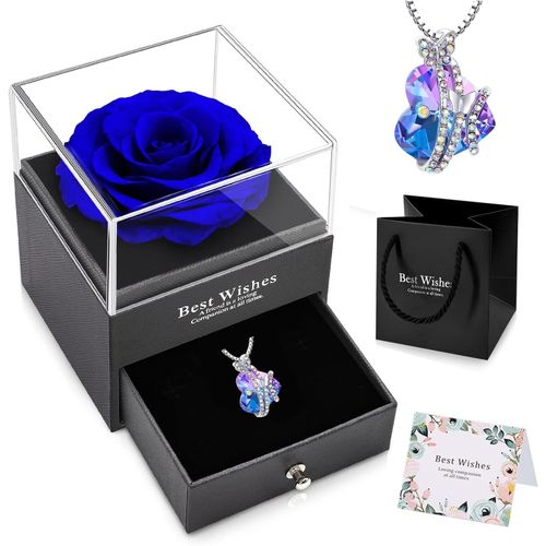 Rose Eternelle Avec Bijoux Conservée Préservés Vraie Rose Avec Collier Cadeau Anniversaire Pour Sa Femme, Maman, Grand-Mère, Amie Pour Maman Grands Mères Copine