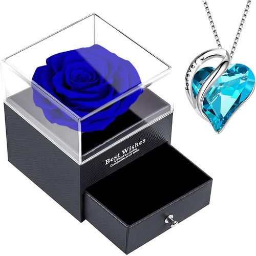 Rose Stabilisée Bleue, Rose Préservée Avec Collier Coeur Cristal Rouge, Rose Éternelle Avec Pendentif Rubis Argent 925 Femme, Fête Des Mères Anniversaire Mariage Pour Elle