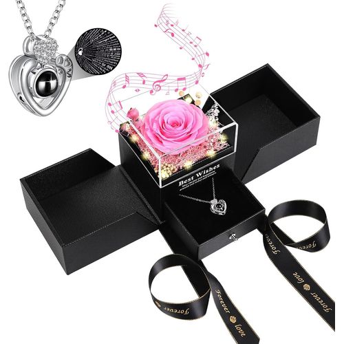 Rose Eternelle Avec Collier Coffret Cadeau Musique Femme Original - Cadeau Personnalisé Femme Maman Pour La Saint Valentin, La Fête Des Mères, L'anniversaire De Noël (Rose)