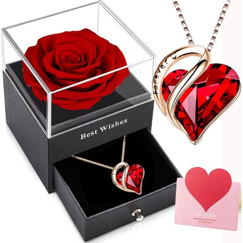 Rose Stabilisée Bleue, Rose Préservée Avec Collier Coeur Cristal Rouge, Rose Éternelle Avec Pendentif Rubis Argent 925 Femme, Fête Des Mères Anniversaire Mariage Pour Elle