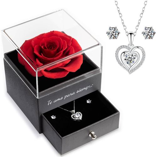 Rose Eternelle Avec Parure De Bijoux Brillante, Cadeau Anniversaire Femme, \U201cje T'aime Pour Toujours""En Espagnol Imprimé Sur La Boîte, Cadeaux De Saint-Valentin Pour Elle,Vraie Rose Rouge