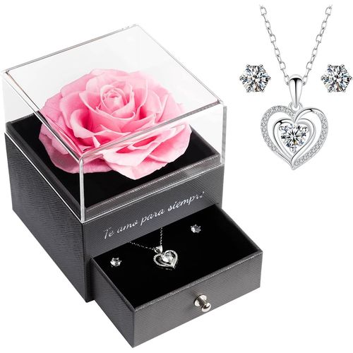 Rose Eternelle Avec Parure De Bijoux Brillante, Cadeau Anniversaire Femme, \U201cje T'aime Pour Toujours""En Espagnol Imprimé Sur La Boîte, Cadeaux De Saint-Valentin Pour Elle,Vraie Rose