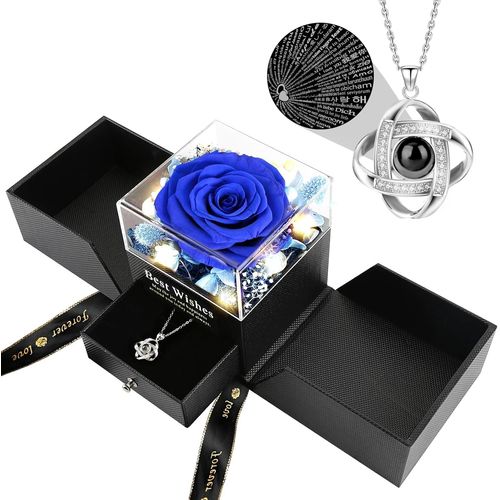 Rose Éternelle Avec Collier Pour Femme - Boîte Cadeau Avec Chaîne « Je T'aime » En 100 Langues - Pour La Fête Des Mères, La Saint-Valentin, Noël, Un Anniversaire, Konservierte Blumen Rosen